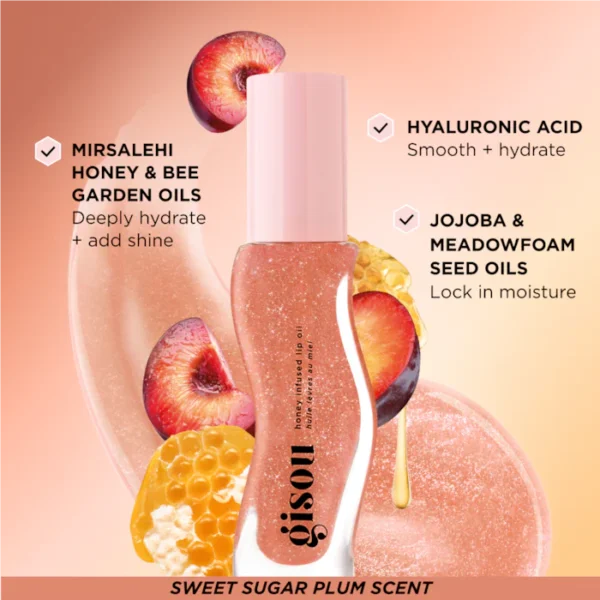 Gisou Honey Infused Hydrating Lip Oil Glazed Plum Sheer Nude Shimmer 8ml - Image 3